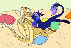 Size: 3735x2525 | Tagged: source needed, safe, artist:sunny way, oc, oc only, oc:arita, oc:kariana, dracony, dragon, hybrid, rcf community, bed, bedroom, blushing, boop, commission, cute, dragoness, female, high res, pillow, tongue out, wings