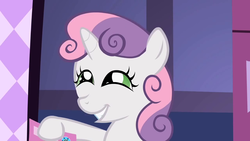 Size: 1280x720 | Tagged: safe, screencap, sweetie belle, g4, sisterhooves social, faic, female, grin, smiling, solo