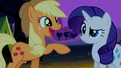 Size: 1280x720 | Tagged: safe, screencap, applejack, rarity, g4, sisterhooves social, camping, night, raised eyebrow