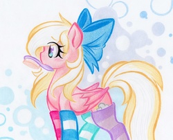 Size: 6323x5110 | Tagged: safe, artist:emberslament, oc, oc only, oc:bay breeze, pegasus, pony, absurd resolution, blushing, bow, brush, clothes, hair bow, socks, striped socks, traditional art