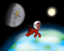 Size: 3104x2492 | Tagged: safe, artist:cogsfixmore, oc, oc only, oc:mars miner, earth pony, pony, earth, floating, high res, moon, planet, solo, space, space helmet, space station, stars, zero gravity