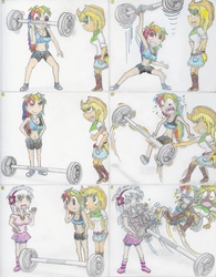 Size: 1024x1315 | Tagged: safe, artist:meiyeezhu, applejack, rainbow dash, all's fair in love and friendship games, equestria girls, friendship games, anime, applejack's hat, armpits, barbell, belly button, biting, boots, breasts, broken, busty rainbow dash, clothes, comic, competition, cowboy hat, denim skirt, female, funny, green underwear, hat, heavy, hilarious, midriff, munching, old master q, panties, parody, rivalry, shocked, shoes, shorts, simple background, skirt, speechless, sports, sports bra, stetson, strong, surprised, underwear, upskirt, weight lifting, weights, white background, workout