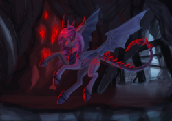 Size: 4960x3500 | Tagged: safe, artist:dalagar, oc, oc only, oc:night raven, alicorn, bat pony, bat pony alicorn, demon, demon pony, original species, pony, alicorn oc, augmented tail, black sclera, female, horns, illuminati, solo