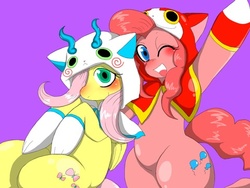 Size: 480x360 | Tagged: artist needed, safe, fluttershy, pinkie pie, youkai, g4, clothes, jibanyan, komasan, yo-kai watch