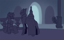 Size: 830x525 | Tagged: safe, artist:mistermech, fluttershy, rarity, g4, arianna woman of the night, bloodborne, crossover, hunter, jealous, ponified, sister adella