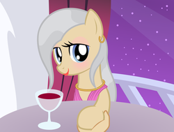 Size: 2396x1809 | Tagged: safe, artist:badumsquish, derpibooru exclusive, mayor mare, earth pony, human, pony, g4, alcohol, alternate hairstyle, blushing, clothes, cougar, cute, date, dress, ear piercing, female, food, hand, hoof hold, jewelry, lipstick, looking at you, makeup, mayorable, night, offscreen character, piercing, pov, restaurant, smiling, table, wine