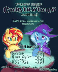 Size: 2626x3241 | Tagged: safe, artist:nauth, sunset shimmer, trixie, pony, unicorn, g4, blackletter, cauldron, commission info, frown, green background, high res, magic, simple background, smiling