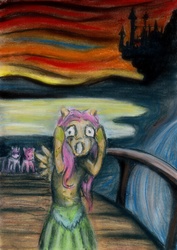 Size: 2448x3464 | Tagged: safe, artist:anthropony, artist:sonar-doll, fluttershy, pinkie pie, twilight sparkle, pony, g4, anxiety, bipedal, canterlot, fine art parody, high res, outdoors, parody, pastels (medium), pastiche, solo focus, the scream, traditional art