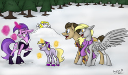 Size: 1700x1000 | Tagged: safe, artist:kerorolover16, amethyst star, derpy hooves, dinky hooves, doctor whooves, sparkler, surprise, time turner, pegasus, pony, g4, boots, clothes, equestria's best family, female, mare, scarf, snow, snowball, snowball fight