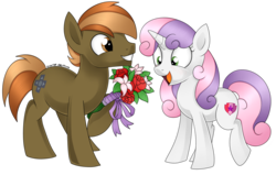 Size: 3300x2103 | Tagged: safe, artist:scarlet-spectrum, button mash, sweetie belle, g4, blushing, bouquet, cutie mark, female, high res, male, older, open mouth, ship:sweetiemash, shipping, simple background, straight, the cmc's cutie marks, transparent background