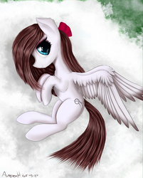 Size: 3600x4486 | Tagged: safe, artist:aurelleah, oc, oc only, oc:aurelleah, oc:aurry, pegasus, pony, absurd resolution, anime eyes, blue eyes, bow, brown mane, cloud, cute, eyeshadow, female, hair bow, looking at you, makeup, mare, on a cloud, on side, realistic, ribbon, side view, sky, solo, white