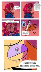 Size: 604x1050 | Tagged: safe, artist:stevetwisp, edit, sunset shimmer, equestria girls, g4, bill cipher, blushing, collage, comic, crossover, freckles, gravity falls, humanized, implied lesbian, implied sunsetsparkle, implied twilight sparkle, magic, male, peppered bacon, pony falls, this will end in tears, xk-class end-of-the-world scenario