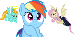 Size: 1717x855 | Tagged: safe, artist:punzil504, fluttershy, lightning dust, rainbow dash, bat pony, pegasus, pony, g4, clothes, conscience, crossed hooves, dilemma, fangs, female, floating, flutterbat, flutterbat costume, halo, hilarious in hindsight, irony, mare, open mouth, shoulder angel, shoulder devil, simple background, thinking, transparent background