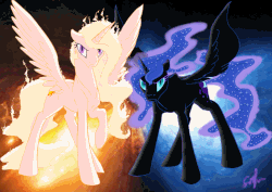 Size: 1050x742 | Tagged: safe, artist:airbusthebest, artist:equum_amici, artist:silfoe, nightmare moon, nightmare star, princess celestia, alicorn, pony, g4, absurd file size, absurd gif size, animated, cinemagraph, female, frown, glare, looking at you, mare, missing accessory, raised hoof, spread wings, xk-class end-of-the-world scenario