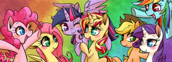 Size: 690x250 | Tagged: safe, artist:phyllismi, applejack, fluttershy, pinkie pie, rainbow dash, rarity, sunset shimmer, twilight sparkle, alicorn, pony, unicorn, g4, alternate mane seven, female, mane six, mare, twilight sparkle (alicorn)