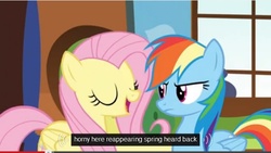 Size: 640x360 | Tagged: safe, screencap, fluttershy, rainbow dash, g4, tanks for the memories, meme, youtube, youtube caption