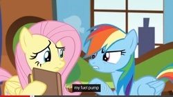 Size: 640x360 | Tagged: safe, screencap, fluttershy, rainbow dash, g4, tanks for the memories, meme, youtube, youtube caption