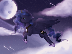 Size: 4000x3000 | Tagged: safe, artist:kurochhi, princess luna, lullaby for a princess, g4, cloud, crying, female, flying, moon, night, shooting stars, sky, solo