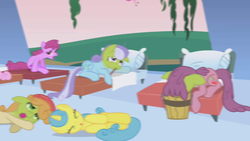 Size: 1280x720 | Tagged: safe, screencap, berry punch, berryshine, blue bows, carrot top, cherry punch, golden harvest, lemon hearts, twinkleshine, earth pony, pony, unicorn, applebuck season, g4, backwards thermometer, bed, female, green face, mare, pillow, thermometer, vomiting