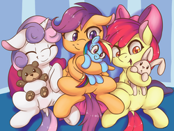 Size: 3000x2250 | Tagged: safe, artist:fearingfun, edit, apple bloom, rainbow dash, scootaloo, sweetie belle, earth pony, pegasus, pony, unicorn, semi-anthro, g4, adorabloom, cute, cutealoo, cutie mark crusaders, diasweetes, eyes closed, female, filly, floppy ears, high res, hoof hold, open mouth, open smile, paw pads, pillow, plushie, rainbow dash plushie, sfw edit, sitting, smiling, spread legs, spreading, teddy bear