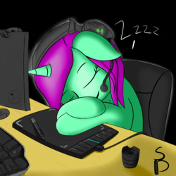 Size: 8000x8000 | Tagged: safe, artist:stormy-draws, oc, oc only, oc:stormy, absurd resolution, computer, headphones, sleeping, solo