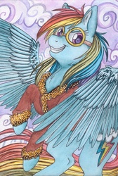 Size: 1568x2333 | Tagged: safe, artist:pony-paint, rainbow dash, g4, aviator goggles, clothes, female, flying, goggles, jacket, solo, traditional art