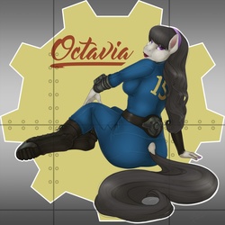 Size: 1280x1280 | Tagged: safe, artist:phathusa, artist:sirhcx, octavia melody, earth pony, anthro, unguligrade anthro, fallout equestria, g4, bedroom eyes, boots, breasts, clothes, colored pupils, dock, ear fluff, fallout, female, hairband, hoof boots, jumpsuit, lipstick, looking at you, looking back, makeup, nose art, pinup, pipboy, pipbuck, pose, sexy, solo, treblebutt, vault suit, wide hips