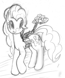 Size: 671x800 | Tagged: safe, artist:tg-0, pinkie pie, earth pony, pony, g4, female, food, monochrome, muffin, robotic arm, solo, tray