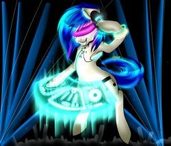 Size: 2100x1800 | Tagged: safe, artist:amberony, dj pon-3, vinyl scratch, pony, g4, bipedal, chest fluff, female, glowstick, grin, headphones, solo