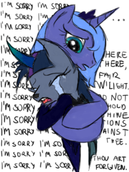 Size: 340x451 | Tagged: safe, artist:rexlupin, princess luna, twilight sparkle, draconequus, g4, apologetic, apology, context is for the weak, crying, draconequified, forgiveness, hug, s1 luna, simple background, sketch, species swap, text, transparent background, twikonequus