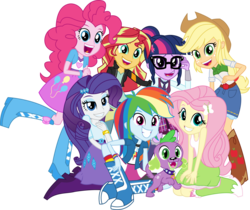 Size: 4471x3758 | Tagged: safe, artist:sketchmcreations, applejack, fluttershy, pinkie pie, rainbow dash, rarity, sci-twi, spike, spike the regular dog, sunset shimmer, twilight sparkle, dog, human, equestria girls, g4, my little pony equestria girls: friendship games, absurd resolution, glasses, group photo, group shot, humane five, humane seven, humane six, right there in front of me, simple background, transparent background, vector
