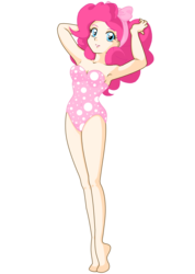 Size: 1288x1808 | Tagged: safe, artist:pumpkinchans, pinkie pie, human, g4, anime, armpits, clothes, female, humanized, legs together, one-piece swimsuit, pinup, simple background, skinny, solo, swimsuit, thin, transparent background