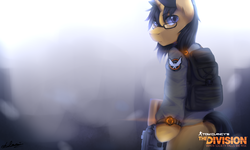 Size: 2500x1500 | Tagged: safe, artist:shilzumi, oc, oc only, pony, unicorn, ar-15, backpack, commission, glasses, gun, looking back, mk-18, standing, the division, tom clancy's the division, weapon