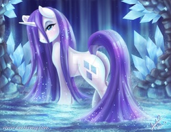 Size: 1024x791 | Tagged: safe, artist:amelie-ami-chan, rarity, pony, unicorn, g4, butt, crystal, female, hair over one eye, looking at you, mare, obtrusive watermark, plot, solo, water, watermark, wet, wet mane, wet mane rarity