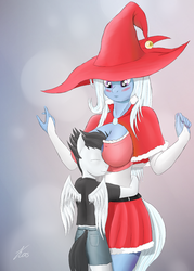 Size: 1197x1669 | Tagged: safe, artist:kasaler, rumble, trixie, anthro, g4, bad touch, blushing, boob smothering, breasts, busty trixie, cleavage, clothes, cosplay, costume, embarrassed, female, hug, molestation, nail polish, smothering