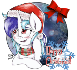 Size: 972x878 | Tagged: safe, artist:kristysk, dj pon-3, vinyl scratch, g4, christmas, clothes, female, hat, santa hat, scarf, solo