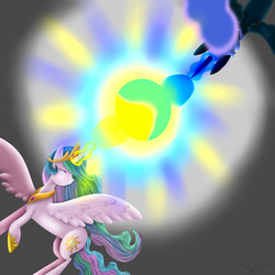 Size: 5000x5000 | Tagged: safe, artist:applejacks2, nightmare moon, princess celestia, g4, absurd resolution, fight