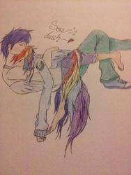 Size: 774x1032 | Tagged: safe, artist:natsumi-ashe, rainbow dash, soarin', human, g4, barefoot, clothes, cuddling, eyes closed, feet, female, heart, hoodie, hug, humanized, male, on back, on top, prone, ship:soarindash, shipping, smiling, snuggling, straight, tailed humanization, traditional art, winged humanization