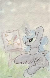 Size: 683x1066 | Tagged: safe, artist:slightlyshade, princess luna, g4, drawing, female, magic, s1 luna, solo, telekinesis, traditional art