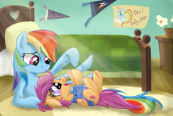 Size: 1200x800 | Tagged: safe, artist:redheadfly, rainbow dash, scootaloo, g4, bed, clothes, cutie mark, foalsitter, scootalove, shirt, the cmc's cutie marks
