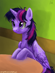 Size: 1500x2000 | Tagged: safe, artist:virtue147, twilight sparkle, alicorn, pony, g4, female, mare, messy mane, sitting, solo, table, twilight sparkle (alicorn)