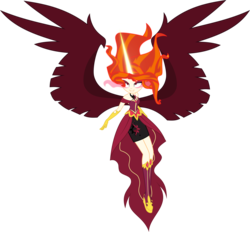 Size: 5000x4649 | Tagged: safe, artist:xebck, sunset shimmer, solar eclipse (au), equestria girls, g4, my little pony equestria girls: friendship games, absurd resolution, alternate universe, clothes, dark magic, female, fiery shimmer, magic, mane of fire, midnight-ified, necklace, redesign, role reversal, simple background, solo, sombra eyes, transparent background, vector, wings