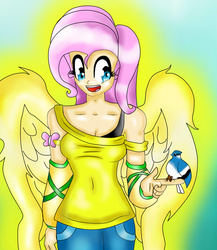 Size: 1300x1500 | Tagged: safe, artist:eduarknes, fluttershy, bird, human, g4, clothes, female, humanized, off shoulder, solo, tank top, winged humanization