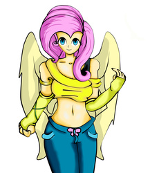 Size: 1300x1500 | Tagged: safe, artist:eduarknes, fluttershy, human, g4, belly button, clothes, female, fingerless gloves, gloves, humanized, jeans, midriff, off shoulder, pants, solo, tank top, winged humanization