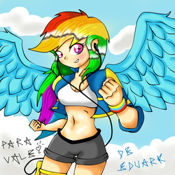 Size: 1500x1500 | Tagged: safe, artist:eduarknes, rainbow dash, human, g4, belly button, clothes, cloud, earbuds, female, humanized, jacket, midriff, shorts, solo, tank top, winged humanization