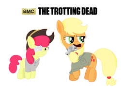 Size: 1102x796 | Tagged: safe, artist:pastelhorses, apple bloom, applejack, g4, amc, colt python, crossover, eyepatch, gun, hat, revolver, rick and carl, the walking dead, trotting dead, weapon