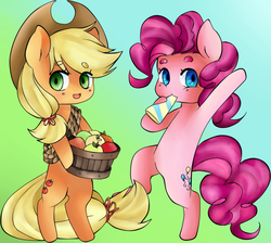 Size: 989x888 | Tagged: safe, artist:mintpencil, applejack, pinkie pie, pony, g4, apple, bipedal, bucket, food