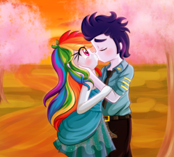 Size: 1000x900 | Tagged: safe, artist:lucy-tan, rainbow dash, soarin', human, equestria girls, g4, anime style, blushing, clothes, commission, dress, duo, eyes closed, female, kiss on the lips, kissing, male, necktie, pants, ship:soarindash, shipping, straight, uniform
