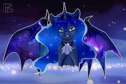 Size: 3000x2000 | Tagged: safe, artist:hfinder, princess luna, g4, bat wings, chest fluff, dream walker luna, dreamscape, female, grin, high res, looking at you, solo, starry wings