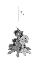 Size: 1560x2286 | Tagged: safe, artist:rikose, princess luna, trixie, pony, unicorn, g4, blanket, female, happiness, japanese, lesbian, luxie, mare, monochrome, shipping